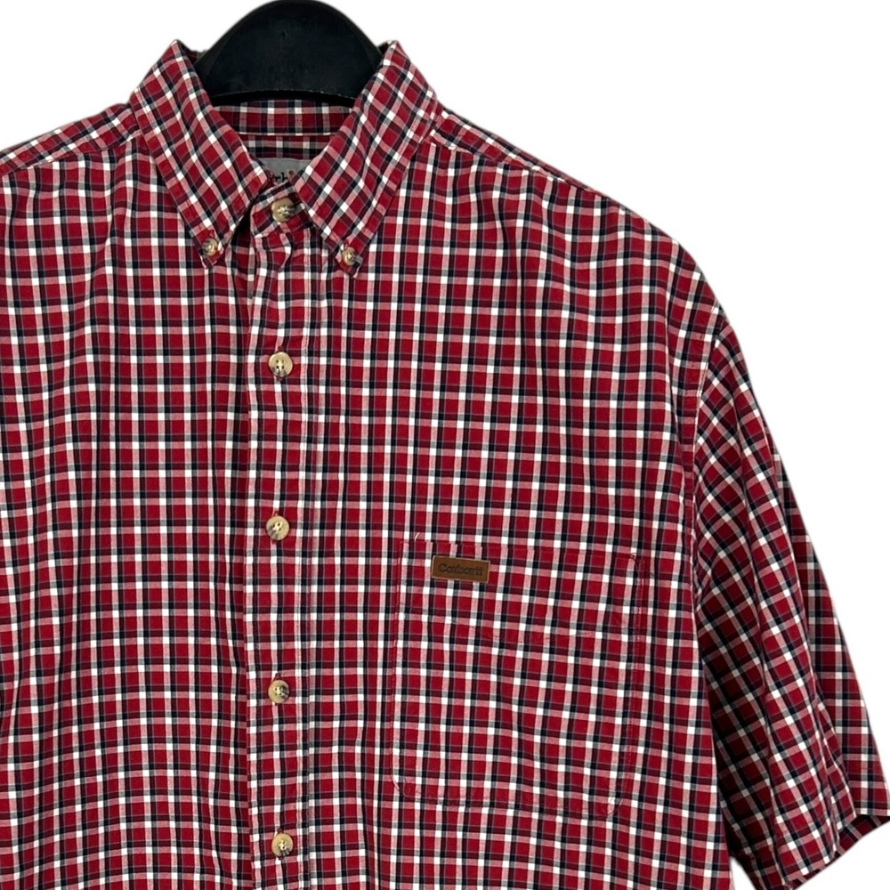 Carhartt Plaid Shirt Mens Medium Red Short Sleeve Button Down 100% Cotton Work